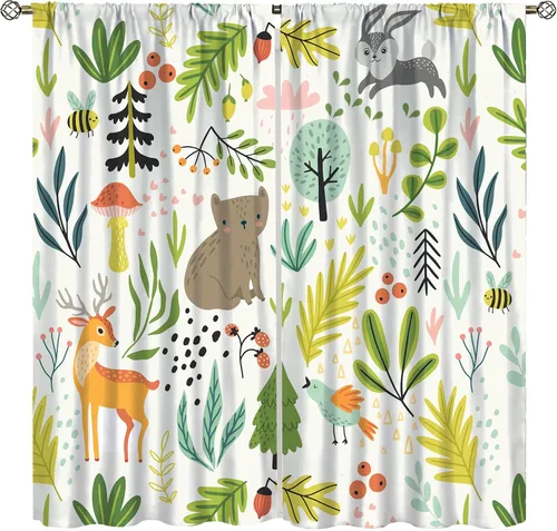 Vista 14 de Cortinas de animales del bosque, tratamientos de ventana para dormitorio del hogar, decoración de ventana de caricaturas, oso de acuarela, ardilla