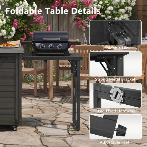Vista 6 de JIVOIT Isla de cocina al aire libre de 78.3 pulgadas con mesa plegable, carrito de madera para exteriores con almacenamiento de basura y parte