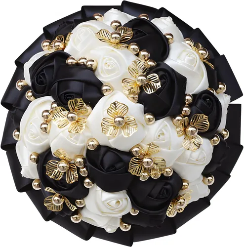 Vista 2 de Ramo de boda de 7 pulgadas, ramo de flores de satén para dama de honor, botón dorado, ramo de flores artificiales para bodas en interiores Negro