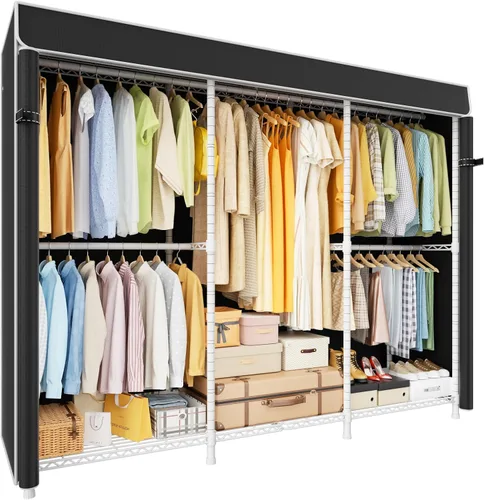 Vista 10 de ULIFHOME E14C - Sistema organizador de armario resistente, estantes de ropa independientes para colgar ropa, perchero ajustable de 58 pulgadas
