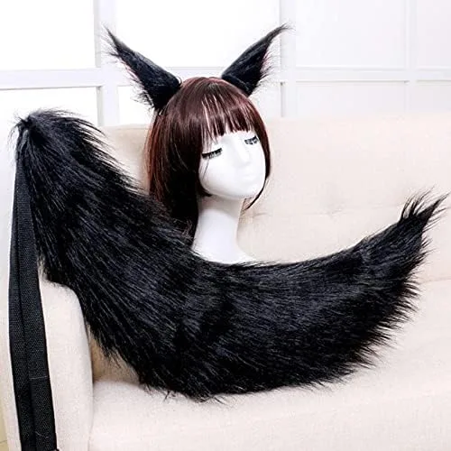 Vista 4 de Angela0123 - Accesorio de cosplay de anime para adultos con orejas de lobo de felpa esponjosa para el cabello color sólido cola de animal larga 1