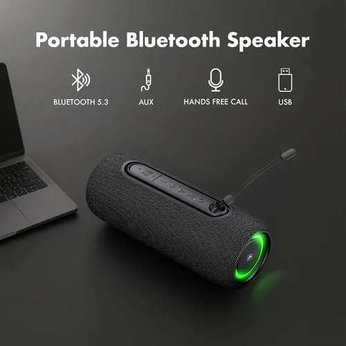Vista 2 de Fisher Altavoces Bluetooth portátiles IPX5 impermeable altavoz, 14 W de potencia máxima estéreo Bluetooth altavoz, luces RGB, TWS, BT 5.3, micrófono