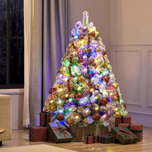 Vista 9 de Yaheetech Árbol de Navidad artificial de abeto preiluminado de 4.5 pies, flocado con nieve, con bisagras, con 100 luces LED multicolor y 340 puntas