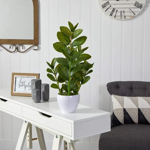 Vista 3 de Planta ZZ Nearly Natural de 22 pulgadas, planta artificial Zamioculcas en maceta blanca
