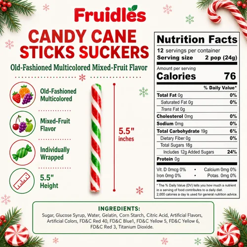 Vista 2 de Fruidles - Piruletas de azúcar navideñas en caña, sabor multicolor a frutas mixtas al estilo tradicional, envueltas individualmente, 5.5 pulgadas