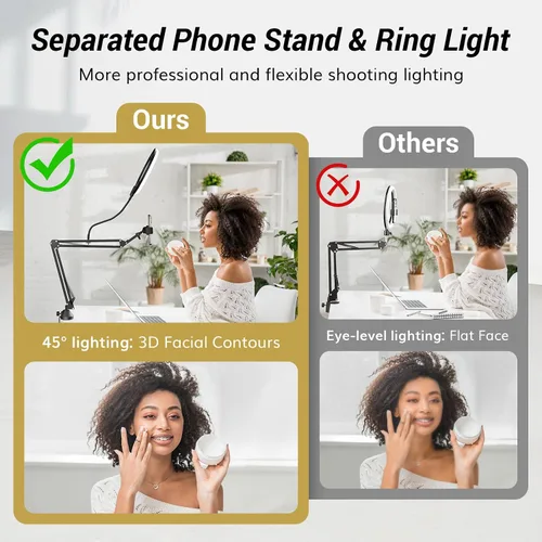 Vista 11 de TONOR Kit de luz de anillo superior, luz de anillo de 10 pulgadas con brazo de pluma Heayy Duty y soporte para teléfono, ángulo ajustable, adecuado