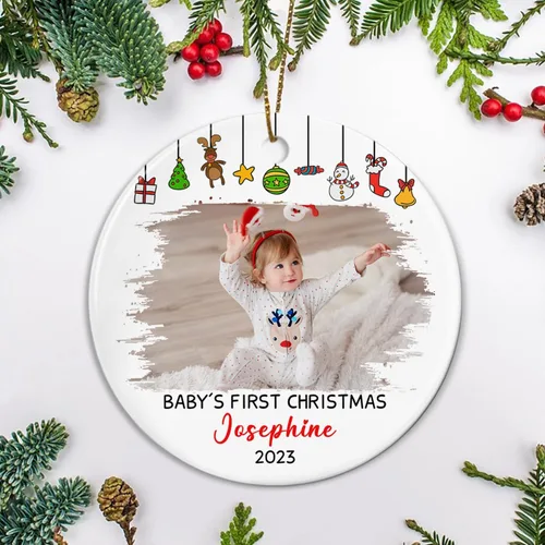 Vista 4 de Agregar foto Adorno de cerámica de la primera Navidad del bebé 2025, imagen personalizada del primer árbol de adorno de Navidad del bebé, adorno