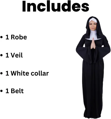 Vista 7 de Disfraz de monja para adultos, bata negra con velo, cuello y cinturón para Halloween