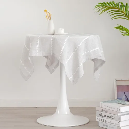 Vista 12 de Mantel redondo rústico pequeño lavable a rayas jacquard de lino resistente estilo granja con borlas para cocina, comedor, fiesta, decoración de Café