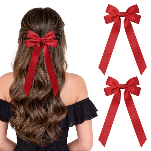 Vista 8 de Lazos de satén sedoso y pinzas de cocodrilo, soportes para cola de caballo de cinta negra, accesorios para el cabello para mujeres, niñas, niños