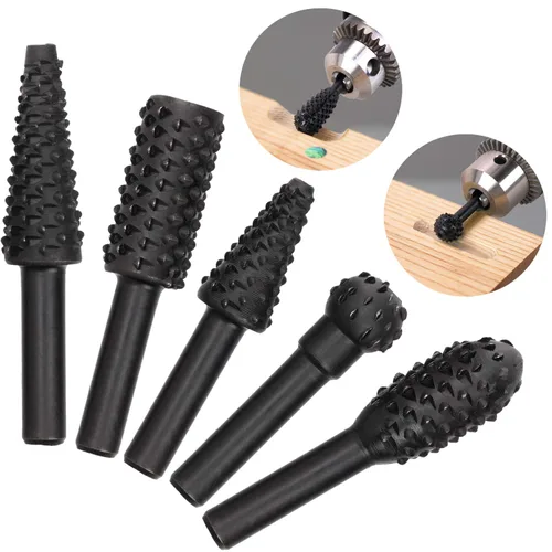 Vista 8 de OIIKI 5 PCS Woodworking Twist Drill Bits, Wood Carving File Rasp Drill Bit Black Drill Bits with 1/4" Shank Tool Rasp Chisel Shaped Rotating