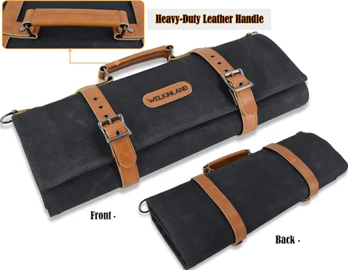 Vista 6 de WELKINLAND Bolsa enrollable de cuchillos con 14 bolsillos, Bolsa enrollable de cuero de lona encerada, Porta cuchillos, Bolsa enrollable