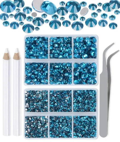 Vista 20 de LPBeads 6000 unidades de diamantes de imitación negros no termofijos, 6 tamaños, cristal redondo, con parte trasera plana, pinzas y bolígrafo