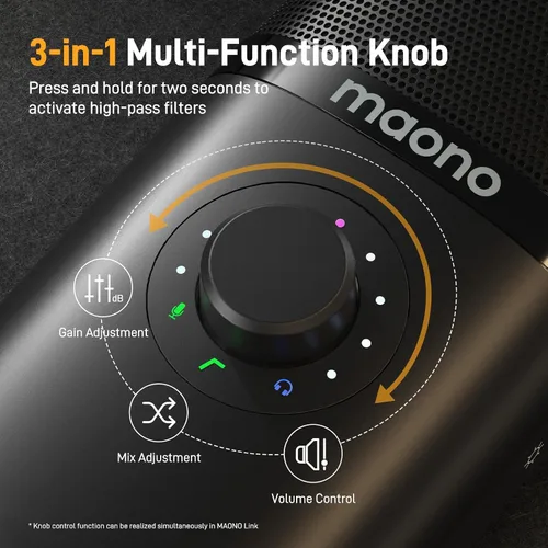 Vista 4 de MAONO Micrófono de condensador USB con soporte de choque, brazo de brazo, software, silencio, perilla de ganancia, control de volumen
