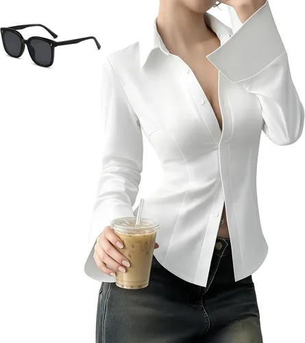 Vista 8 de Women's Slim-Fit Button-Down Long-Sleeved Casual Shirt, Fitted Work Blouse for Office Commuting