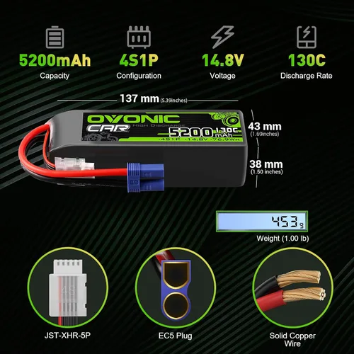 Vista 2 de OVONIC 4S LiPo Batería 14.8V 5200mAh 130C con enchufe EC5 para RC Car RC Truck Avión Helicóptero, Barco, Carreras RC Hobby (2 paquetes)