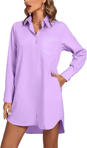 Vista 7 de LYANER Vestido camisero para mujer con cuello en V, botones, manga larga y dobladillo curvado