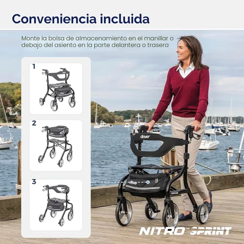 Vista 4 de Drive Medical Nitro Sprint - Andador plegable con asiento, ligero, para estatura estándar, con ruedas grandes, plegable, color negro
