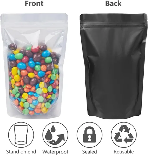Vista 2 de 100 bolsas de Mylar resellables con ventana frontal transparente, embalaje comestible a prueba de olores, bolsas verticales para almacenamiento