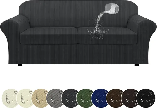 Vista 21 de Funda impermeable para silla con brazos, juego de 2 piezas, funda a rayas para 1 sofá separado con cojín en T, fundas de sillón de tela