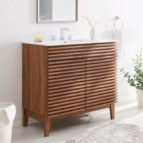 Vista 2 de Modway Render - Tocador de baño de 36 pulgadas en blanco nogal Nogal / fregadero blanco