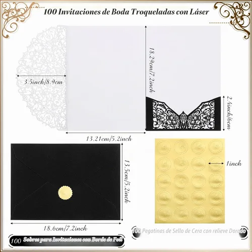 Vista 2 de PerKoop Juego de 100 invitaciones de boda cortadas con láser de 5 x 7 pulgadas con sobres y calcomanías de sello de cera, kit de tarjetas