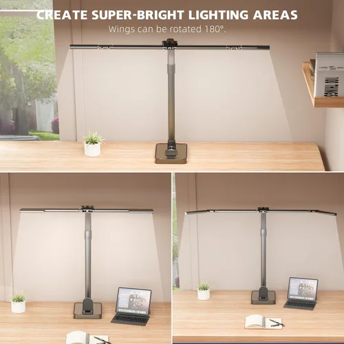 Vista 4 de Lámpara LED de escritorio para oficina en casa, luz de escritorio de doble cabezal brillante de 24 W con abrazadera para el cuidado de los ojos, luz