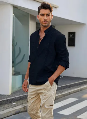 Vista 4 de Uiriuy Camisas Guayabera de lino con botones y manga larga para hombre