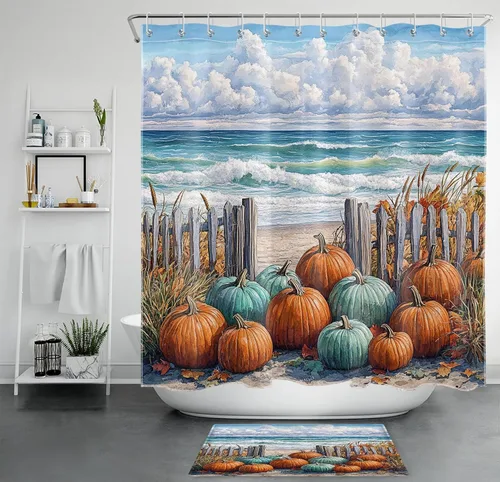 Vista 9 de LB Cortina de ducha espeluznante de Halloween, lindo fantasma en flores, árbol negro, luna llena, cortinas de ducha para baño, tela de poliéster
