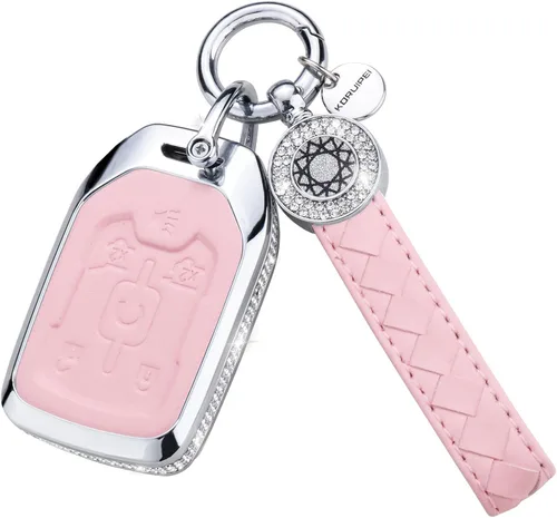 Vista 37 de Funda para llave inteligente con llavero, de piel auténtica color rosa, con cristales, carcasa protectora