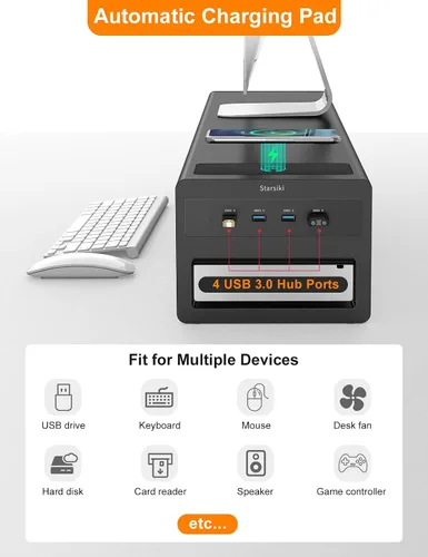 Vista 2 de Soporte de monitor dual de 2 niveles con almohadilla de carga automática, 4 puertos USB 3.0 concentrador, soporte de escritorio de metal