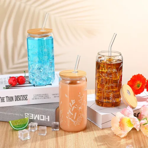 Vista 4 de Bokon 3 tazas de vidrio para regalo de dama de honor de 16 onzas, tazas de café helado floral con tapas de bambú y cepillo para pajitas, lindos