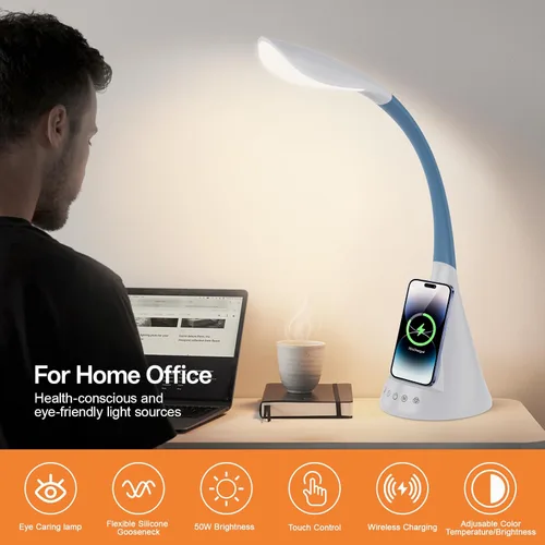 Vista 9 de Lámpara de escritorio LED con control táctil y cuello de cisne de 360 grados, 9 modos de iluminación con 5 colores RGB para luz de lectura en casa