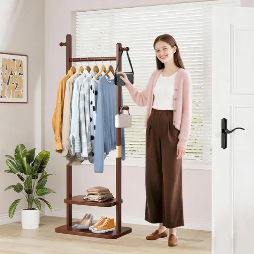 Vista 14 de Perchero de madera independiente, colgador de árbol de pasillo con ganchos de resina, perchero ajustable y resistente para colgar ropa, bolsas