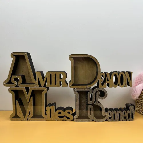 Vista 6 de Hucha de madera personalizada con nombre para niños y niñas, alcancías grandes, 26 letras del alfabeto inglés, letra A, caja de ahorro de dinero