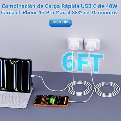 Vista 6 de Cargador para iPhone 18 Pro Max de carga rápida, cargador USB C dinámico de 1Paquete
