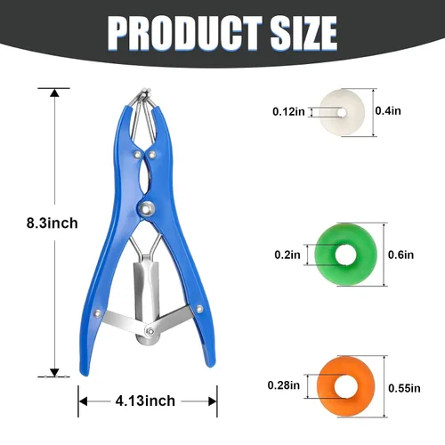 Vista 3 de Kit de Anillado para Cabras, Elastrador de Acero Inoxidable con 200 Piezas de Bandas de Goma de 3 Tamaños y Herramienta Expansora para el Manejo