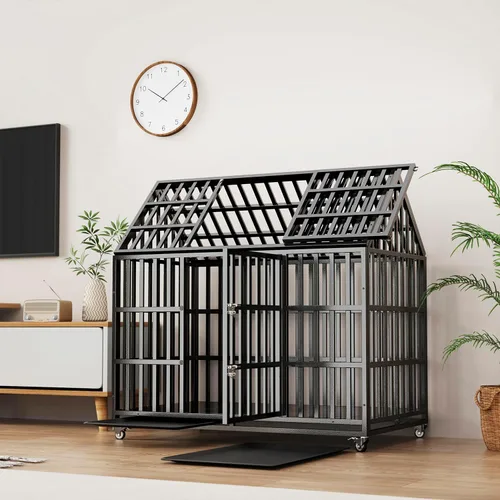 Vista 5 de Jaula grande de 52 pulgadas para perros resistente, indestructible XL/XXL con 4 ruedas bloqueables y 2 bandejas, jaula de impacto a prueba de fugas