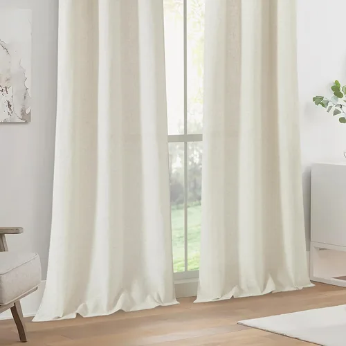 Vista 6 de Cortinas de lino natural mezclado semitransparentes con pestaña trasera para sala de estar, cortinas de lino texturizado estilo bohemio para filtrar