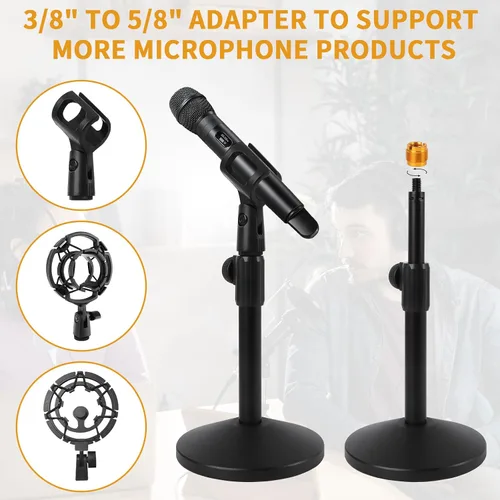 Vista 4 de 2 juegos de soporte ajustable para micrófono de escritorio, soporte de micrófono de mesa con tornillo macho de 5/8 pulgadas a 3/8 pulgadas hembra
