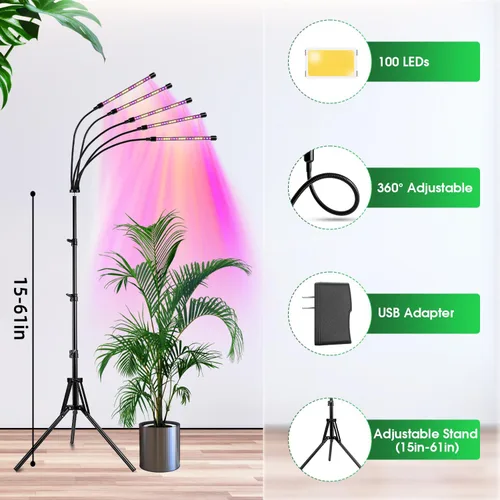 Vista 6 de Wolezek Luces de cultivo para plantas de interior, 100 luces LED de espectro completo para plantas de interior con soporte ajustable, lámpara