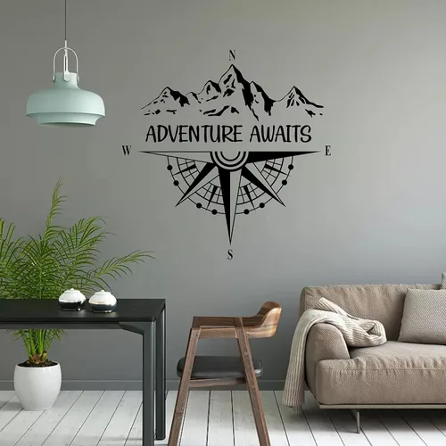 Vista 5 de Calcomanías de pared de brújula Adventure Awaits - Calcomanías de pared de vinilo para decoración de pared de dormitorio, sala de estar, Y46 (negro)