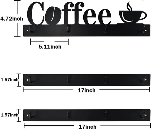 Vista 6 de Soporte de pared para taza de café con 12 ganchos, 3 paquetes de estante de metal para tazas con letrero de té, colgador de tazas para bar