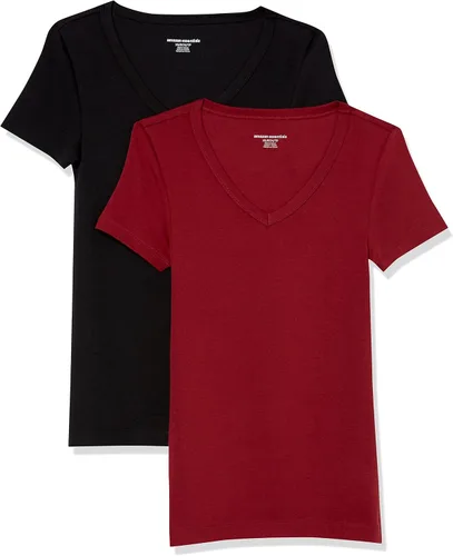 Vista 12 de Amazon Essentials Camiseta ajustada de manga corta con cuello en V para mujer, paquete de 2 Negro