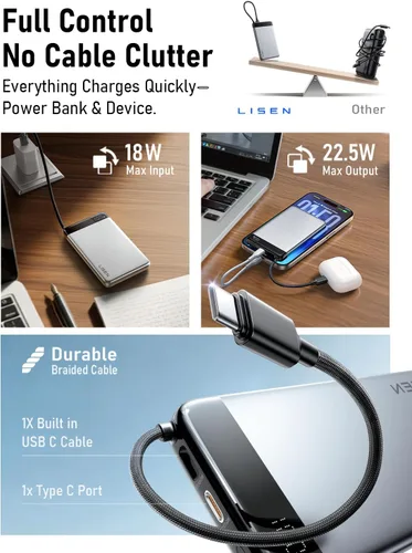 Vista 5 de LISEN [Certificado CCC] [Aleación de metal] Banco de energía ultra delgado de 0.5 pulgadas, 10000 mAh, aprobado por la TSA, artículos esenciales