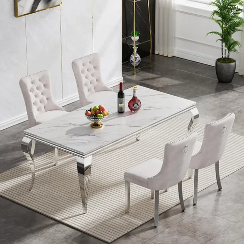 Vista 50 de Juego de mesa de comedor de mármol sintético, 7 piezas, juego de mesa de cocina y comedor para 6, mesa de comedor rectangular blanca de 70 pulgadas