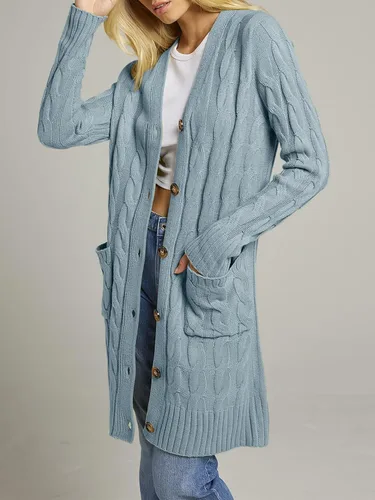 Vista 2 de MEROKEETY - Cárdigan largo de punto trenzado para mujer, suéter tejido de manga larga, abierto por delante y con botones, ropa para exteriores