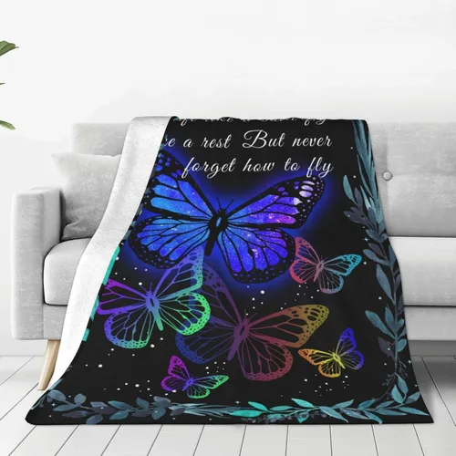 Vista 2 de Manta de cama de franela de forro polar BLUBLU, manta de arrullo ligera y acogedora de felpa con diseño de mariposa, para dormitorio, sala de estar