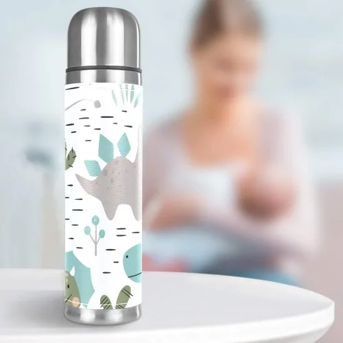 Vista 7 de Taza de acero inoxidable con aislamiento al vacío, de cuero, con diseño de dinosaurio, botella de agua para bebidas frías y calientes, para niños