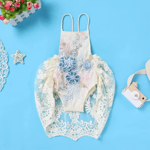 Vista 2 de Traje de primer cumpleaños para niña con volantes manga corta encaje floral vestido de tul diadema de corona sesión de fotos
